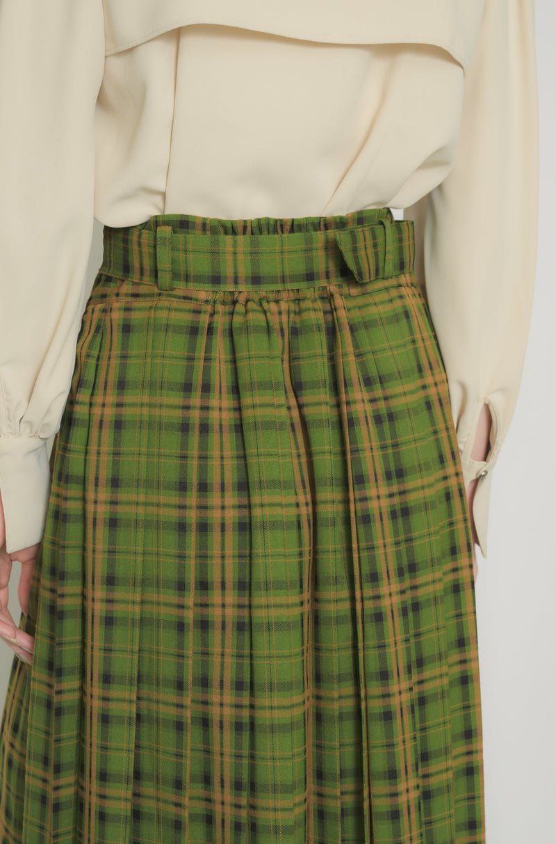 belted pleats check skirt