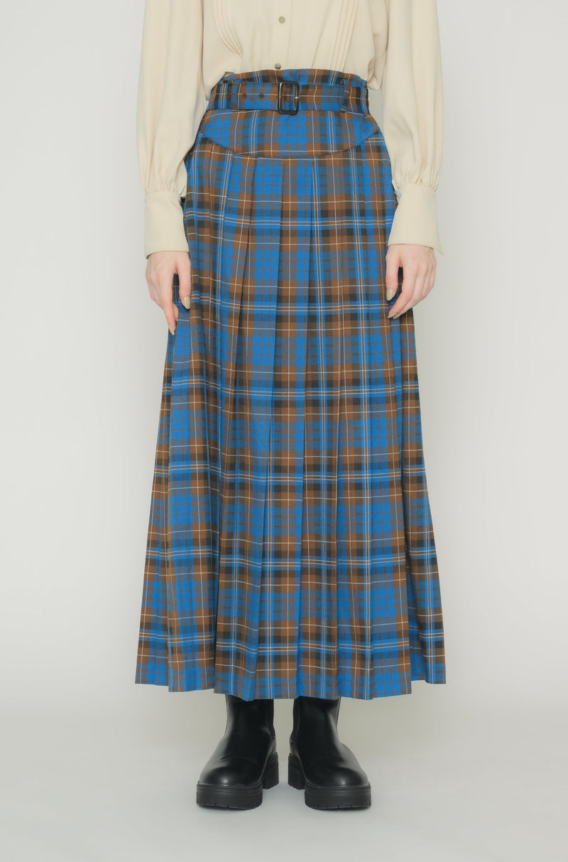 belted pleats check skirt