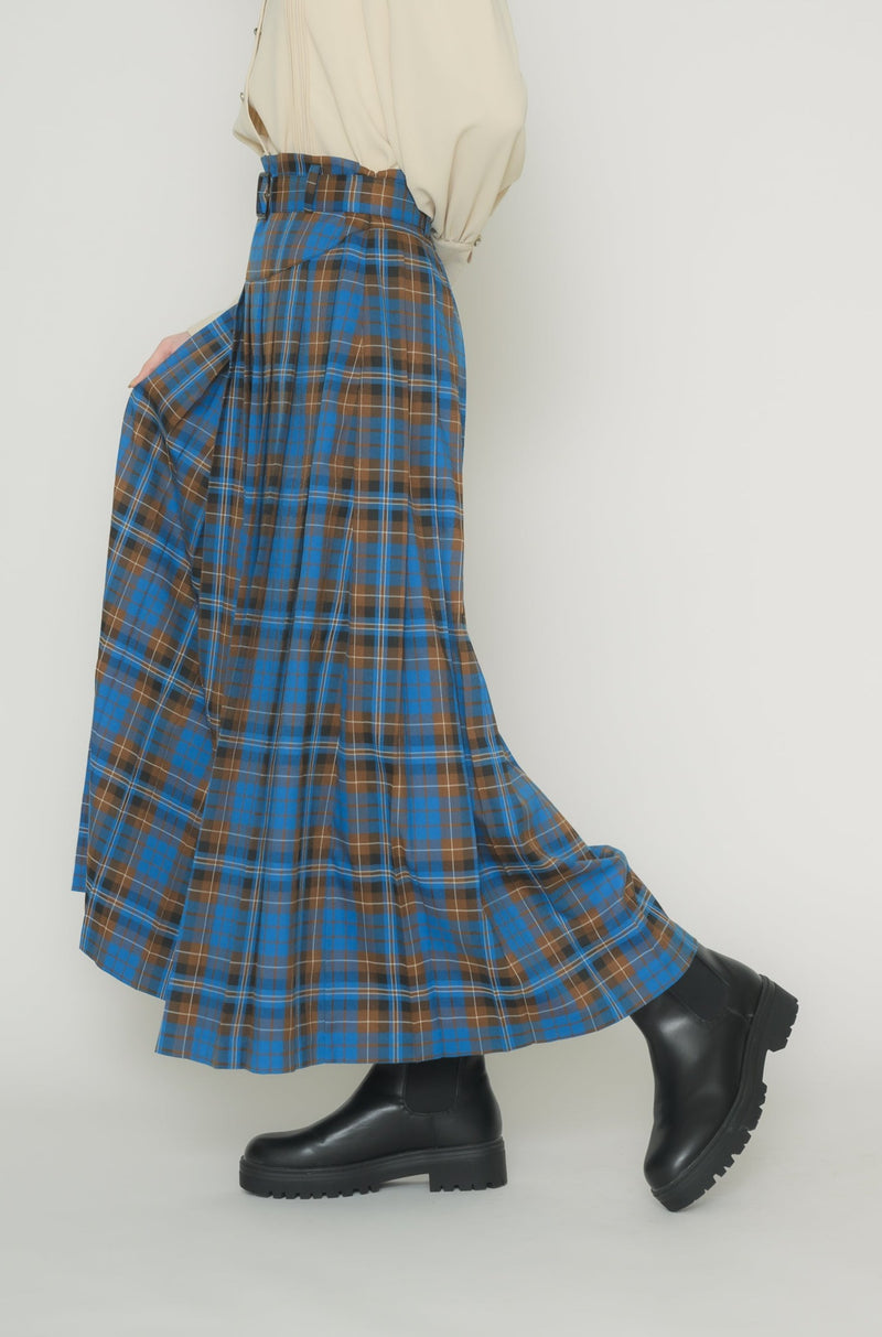 belted pleats check skirt