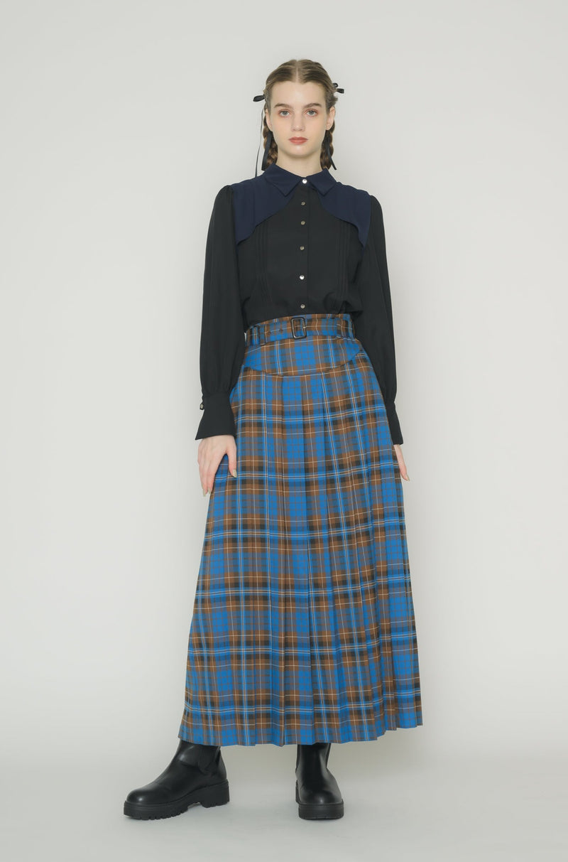 belted pleats check skirt
