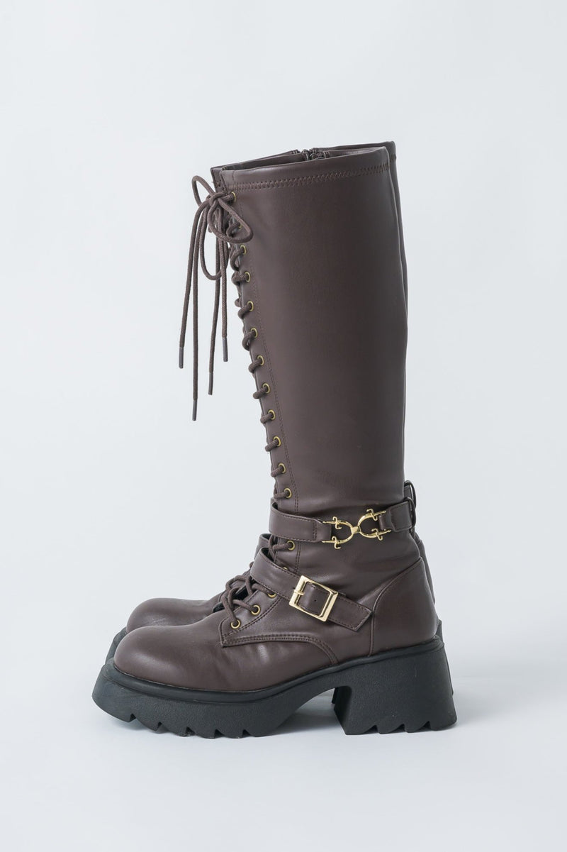 lace up buckle long boots