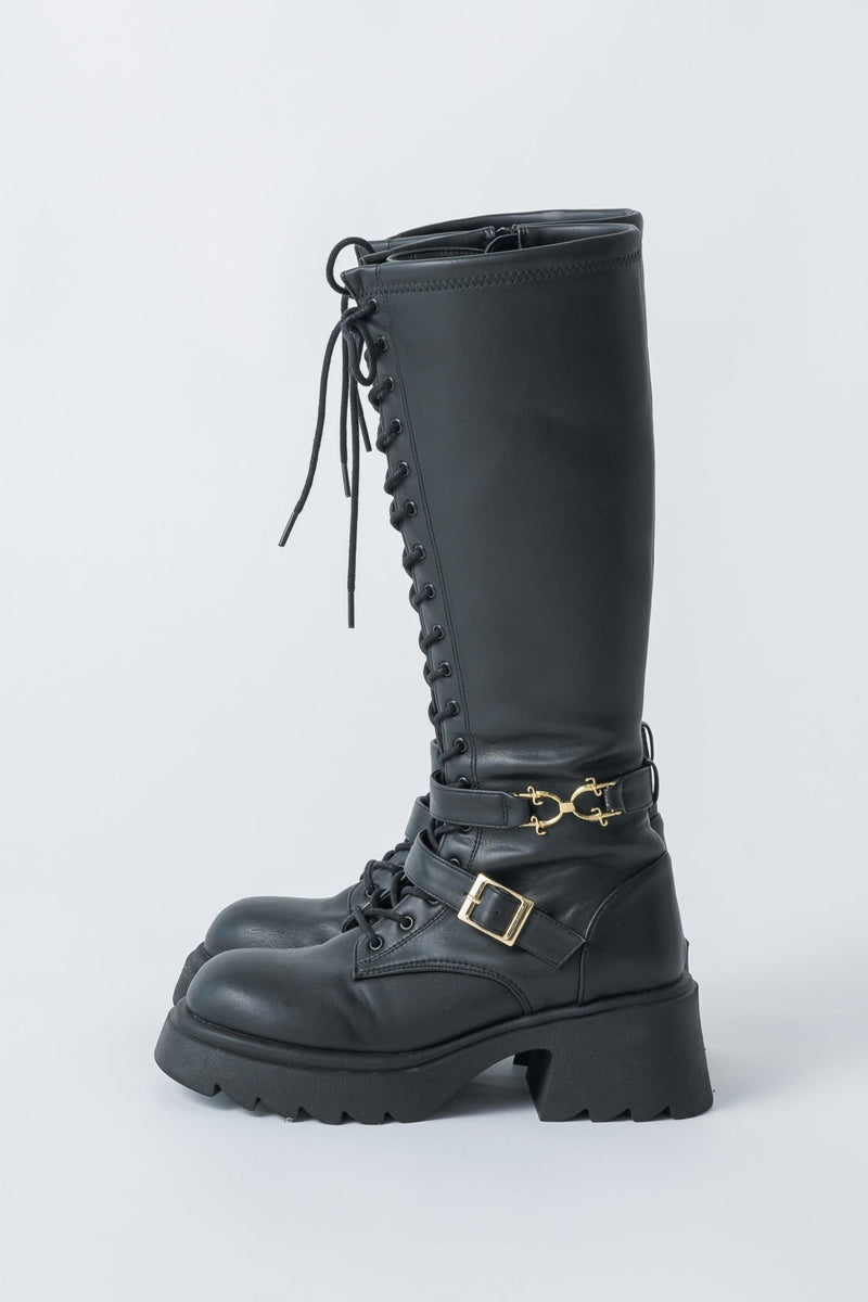 lace up buckle long boots