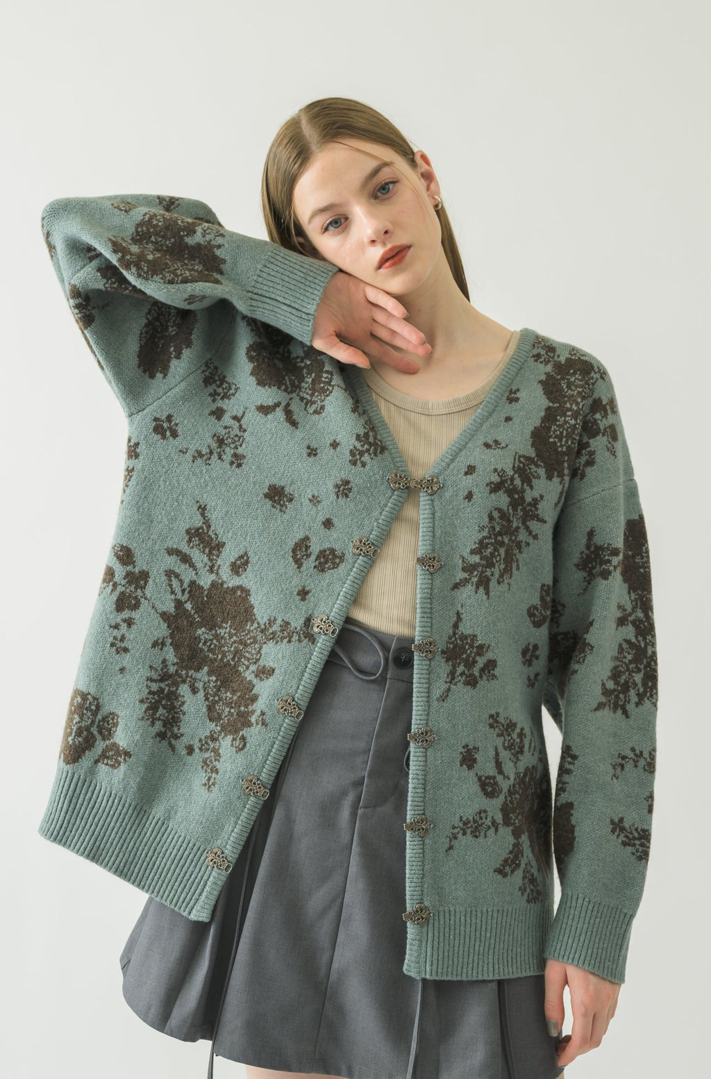 はこぽす対応商品 idem knit flower cardigan/ミックスカラーニット