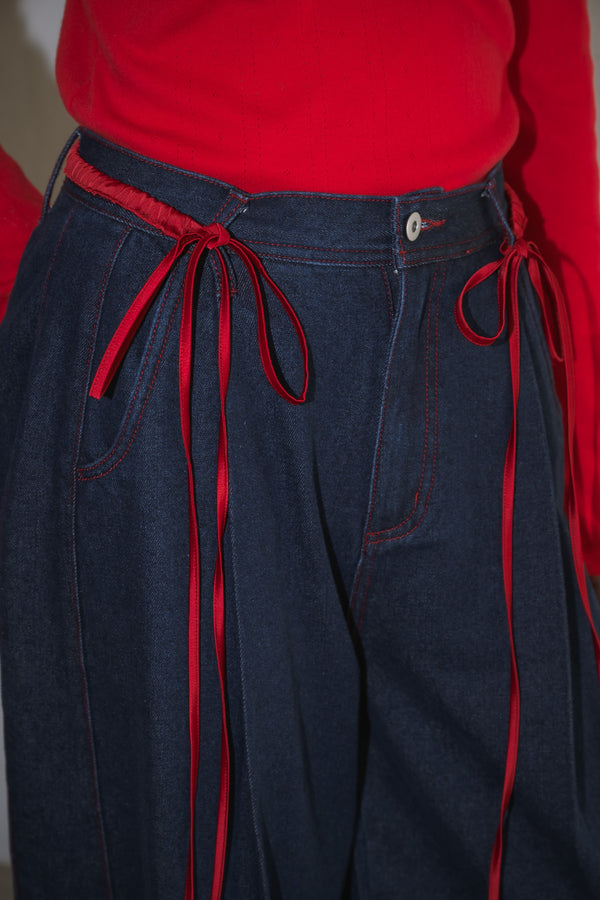 curve denim ribbon pants