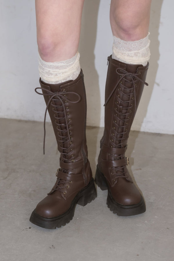 lace up buckle long boots