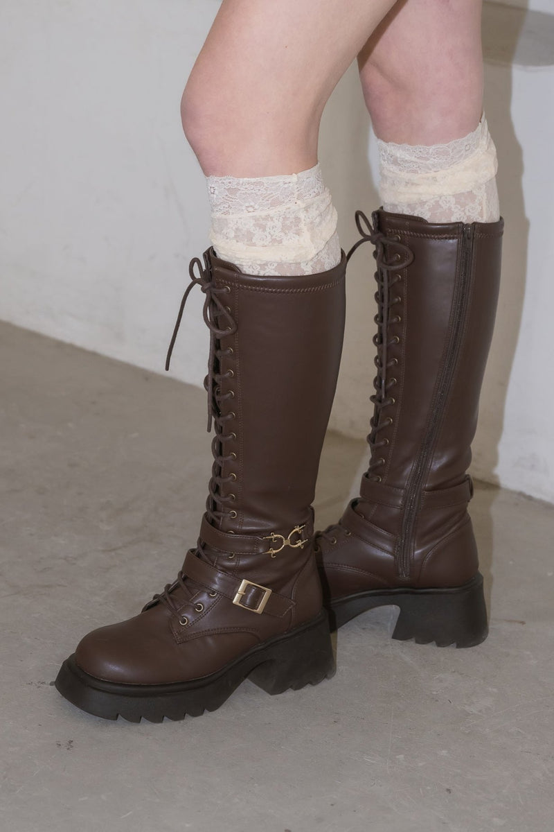 lace up buckle long boots