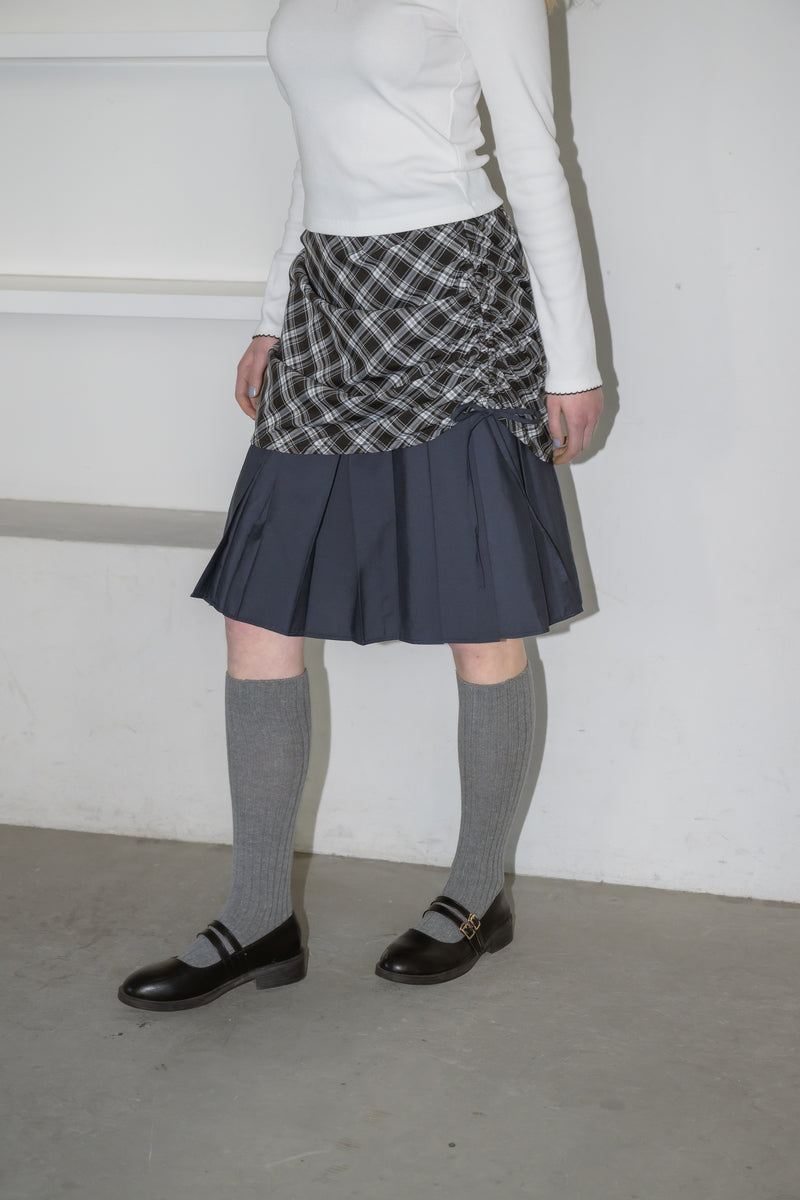 drawstring check pleats skirt