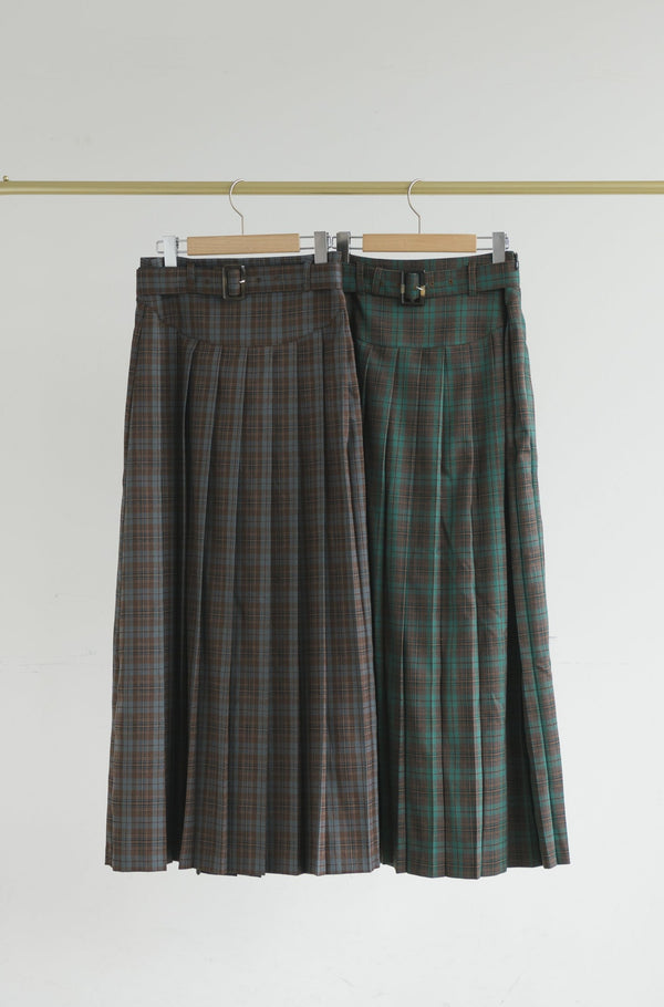 belted pleats check skirt